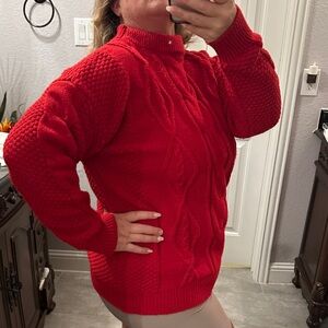 Vibrant Red Cable Knit Turtleneck Sweater